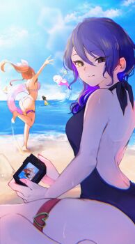alternate_costume alternate_hairstyle ass back beach beluga_whale bikini camera gina_(gnosia) gnosia hair_between_eyes hair_bun heterochromia highres koyuuuuuuuuuuu long_hair medium_hair multiple_girls otome_(gnosia) purple_hair sky sq_(gnosia) swimsuit upper_body water wavy_hair yuriko_(gnosia)
