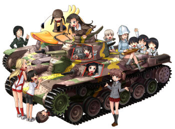 Rule 34 | > <, 10s, 6+girls, aki (girls und panzer), alisa (girls und panzer), anger vein, angry, arm up, armband, asymmetrical bangs, bird, black hair, black jacket, black neckerchief, black necktie, blazer, blonde hair, blouse, blue footwear, blue shirt, braid, brown eyes, brown footwear, brown hair, brown jacket, camouflage, chi-hatan (emblem), chi-hatan military uniform, chouno ami, closed eyes, closed mouth, crossed legs, dress shirt, duck, emblem, fukuda haru, garrison cap, girls und panzer, glasses, gotou moyoko, green jacket, green shirt, grey jacket, grey legwear, grey skirt, grimace, grin, hair ornament, hair pulled back, hair rings, hairband, hat, helmet, holding, holding instrument, hosomi shizuko, instrument, isobe noriko, jacket, japan ground self-defense force, japan self-defense force, kantele, katahira masashi, keizoku school uniform, kneehighs, konparu nozomi, kuromorimine military uniform, light brown hair, loafers, long hair, long sleeves, looking at another, lying, mika (girls und panzer), military, military uniform, military vehicle, miniskirt, motor vehicle, multiple girls, neckerchief, necktie, nishi kinuyo, nishizumi maho, on back, ooarai school uniform, open mouth, pleated skirt, ponytail, red legwear, red shirt, red shorts, red skirt, round eyewear, sasaki akebi, saunders school uniform, school uniform, serafuku, shirt, shoes, short hair, short shorts, short twintails, shorts, sigh, simple background, skirt, sleeveless, sleeveless shirt, smile, sneakers, socks, sono midoriko, sportswear, standing, star (symbol), star hair ornament, striped clothes, striped shirt, swept bangs, tank, teramoto tomiko, thumbs up, tulip hat, twin braids, twintails, type 95 ha-gou, type 97 chi-ha, vertical-striped clothes, vertical-striped shirt, volleyball uniform, white background, white footwear, white hairband, white shirt, x-ray, yellow skirt