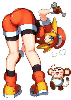 1girl absurdres ass ass_focus behind_view bent_over bike_shorts bike_shorts_under_shorts blonde_hair blush bodysuit bodysuit_under_clothes boots brown_gloves newsboy_cap commentary_request cropped_jacket data_(mega_man) from_behind full_body gloves green_eyes hair_between_eyes hat highres holding holding_wrench jacket kotatuman_dash leaning_forward long_hair looking_at_viewer looking_back mega_man_(series) mega_man_legends_(series) monkey open_mouth red_headwear red_jacket red_shorts roll_caskett_(mega_man) short_sleeves shorts sidelocks white_background wrench