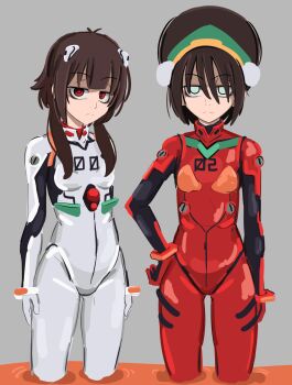 Rule 34 | 2girls, antenna hair, avatar: the last airbender, avatar legends, ayanami rei, ayanami rei (cosplay), black bodysuit, blind, blunt bangs, bodysuit, breasts, brown hair, closed mouth, commentary, cosplay, cowboy shot, crossover, empty eyes, english commentary, green eyes, green headdress, grey background, hair between eyes, hair ornament, half-closed eyes, hand on own hip, headdress, highres, kono subarashii sekai ni shukufuku wo!, kurokimoko, liquid, looking at viewer, mecha pilot suit, megumin, multicolored bodysuit, multiple girls, neon genesis evangelion, no pupils, number print, plugsuit (evangelion), pom pom (clothes), red bodysuit, red eyes, short hair, short hair with long locks, sidelocks, simple background, small breasts, souryuu asuka langley, souryuu asuka langley (cosplay), standing, toph beifong, two-tone bodysuit, white bodysuit, wristband