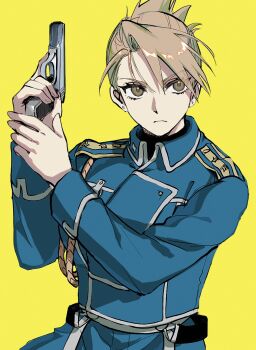 Rule 34 | 1girl, aiguillette, amestris military uniform, blue jacket, brown eyes, brown hair, closed mouth, collared jacket, commentary request, earrings, facing viewer, fullmetal alchemist, gun, hair between eyes, handgun, hands up, highres, holding, holding gun, holding weapon, jacket, jewelry, long sleeves, looking to the side, military jacket, ozaki (tsukiko3), riza hawkeye, silver trim, simple background, solo, stud earrings, trigger discipline, upper body, weapon, yellow background