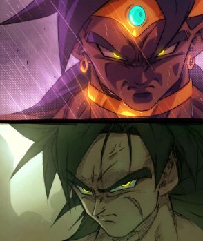 2boys black_hair broly_(dragon_ball_super) broly_(dragon_ball_z) ch_nadhir close-up dragon_ball dragon_ball_super dragon_ball_super_broly dragonball_z highres long_hair male_focus multiple_boys rain scar scar_on_face spiked_hair yellow_eyes