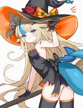 1girl :3 absurdres ahoge alternate_costume alternate_hairstyle animal_ear_fluff animal_ears armpits ass back_bow backless_dress backless_outfit bare_arms bare_shoulders bat_hair_ornament black_bow black_dress black_gloves black_hat black_thighhighs blonde_hair blue_eyes blue_streaks blue_tail blunt_bangs blush bow breasts broom cat_ears closed_mouth clothing_cutout commentary cowboy_shot crab dress fangs fins fish_girl fish_hat_ornament fish_skeleton_hat_ornament fish_tail flipped_hair furrowed_brow gloves hair_bow hair_flaps hair_ornament halloween halloween_costume hand_on_headwear hashtag-only_commentary hat hat_bow highres holding holding_broom indie_virtual_youtuber kaniki_(sameko_saba) large_hat long_hair looking_at_viewer looking_back mascot microdress multicolored_hair notice_lines official_artist_extra one_side_up orange_bow petite reverse_grip sameko_saba shouu-kun sideboob simple_background single_ear_down skin_fangs small_breasts smug solid_circle_eyes solo standing streaked_hair striped_bow symbol-only_commentary tail tail_through_clothes thighhighs twisted_torso underbutt very_long_hair virtual_youtuber whiskers white_background white_streaks wing_hair_ornament witch witch_hat zettai_ryouiki
