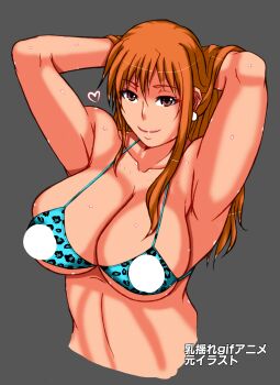 1girl armpits arms_behind_head bikini bikini_top_only breasts brown_eyes censored cleavage half-closed_eyes highres large_breasts long_hair looking_at_viewer nami_(one_piece) navel one_piece orange_hair papepox2 seductive_gaze seductive_smile smile solo sweat swimsuit toned