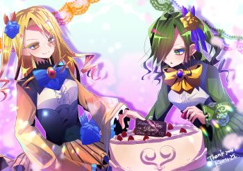 2021 2girls artist_name bad_id bad_pixiv_id birthday_cake black_corset blonde_hair breasts cake corset dated dorothee_(grimms_notes) english_text food green_hair grimms_notes happy_birthday highres multiple_girls noemie_(grimms_notes) smile upper_body