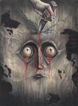 2others absurdres ambiguous_gender blood closed_mouth colored_pencil_(medium) commentary continents cracked_skin english_commentary fingernails hagane_yama highres holding holding_knife horror_(theme) knife multiple_others original out_of_frame stab traditional_media