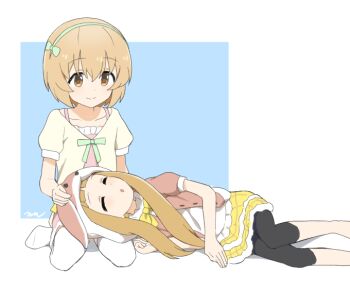 2girls :o aayh animal_ears animal_hood black_leggings blue_background blush bow brown_eyes brown_hair brown_jacket closed_mouth commentary_request dress fake_animal_ears feet_out_of_frame frilled_dress frills green_bow green_hairband hair_between_eyes hair_bow hairband hood hood_up hooded_jacket ichihara_nina idolmaster idolmaster_cinderella_girls idolmaster_cinderella_girls_u149 jacket koga_koharu layered_skirt leggings long_hair lying multiple_girls on_side parted_lips pink_dress rabbit_ears rabbit_hood shirt skirt sleeping sleeping_on_person smile two-tone_background very_long_hair white_background white_shirt yellow_skirt