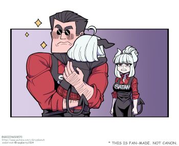 1boy 2girls apron black_horns breasts carrying clothes_writing comic demon_girl demon_horns demon_tail english_text grizz helltaker helltaker_(character) highres horns hug korean_commentary krampus_(grizz) lucifer_(helltaker) mole mole_under_eye multiple_girls muscular muscular_male red_eyes red_shirt segmented_comic shirt silent_comic sparkle sunglasses tail vanripper_(style) white_hair white_horns