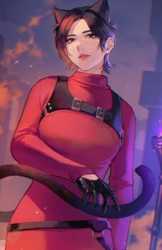 Rule 34 | 1girl, ada wong, animal ears, black gloves, black hair, breasts, brown eyes, cat ears, cat girl, cat tail, chest harness, claws, commentary request, cowboy shot, dbox 2525, dress, gloves, harness, highres, kemonomimi mode, looking at viewer, medium breasts, parted bangs, parted lips, red dress, resident evil, resident evil 4, ribbed dress, short hair, solo, sweater, sweater dress, tail, turtleneck, turtleneck dress