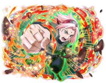Rule 34 | 1girl, black pants, black shirt, clenched hand, facial mark, flak jacket, forehead mark, forehead protector, green eyes, haruno sakura, jacket, looking at viewer, naruto (series), naruto shippuuden: ultimate ninja blazing, official art, pants, pink hair, punching, shirt, short hair, solo, teeth