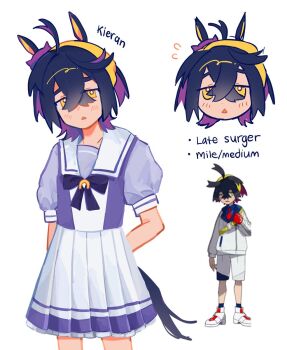 Rule 34 | 1boy, animal ears, antenna hair, black hair, blush, bow, bright pupils, commentary, crossdressing, crossdressing (mtf), crossed bangs, eekoqi, english commentary, english text, hair between eyes, hairband, highres, horse boy, horse ears, horse tail, kieran (pokemon), male focus, multicolored hair, multiple views, nintendo, parted lips, pokemon, pokemon sv, puffy short sleeves, puffy sleeves, purple bow, purple hair, purple sailor collar, purple serafuku, purple skirt, reference inset, sailor collar, school uniform, serafuku, short sleeves, simple background, skirt, summer uniform, tail, tracen school uniform, trap, triangle mouth, umamusume, white background, white pupils, yellow eyes, yellow hairband