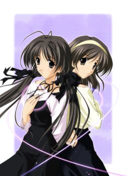 absurdres black_bow black_dress bow brown_hair dress hairband hand_on_own_chest highres imasaka_yue long_hair looking_at_viewer memories_off memories_off_1 memories_off_2nd non-web_source official_art shirakawa_hotaru simple_background smile yellow_hairband