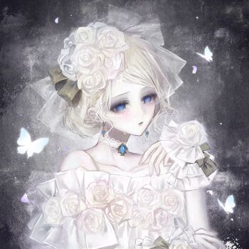 Rule 34 | 1girl, artist request, blonde hair, blue eyes, blue gem, brown ribbon, bug, butterfly, chinese commentary, choker, collarbone, commentary request, commission, crying, dress, dress flower, earrings, fingernails, flower, gem, grey background, hair bun, hair flower, hair ornament, hand up, highres, identity v, insect, jewelry, long sleeves, off-shoulder dress, off shoulder, parted bangs, parted lips, ribbon, second-party source, see-through clothes, see-through veil, sidelocks, solo, streaming tears, tears, variant set, veil, vera nair, vera nair (tonight or never), white choker, white veil, white wrist cuffs, wrist cuffs