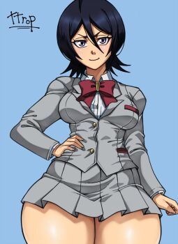 1girl 2025 artist_name black_hair bleach bow breasts closed_mouth female_focus hand_on_own_hip karakura_high_school_uniform kuchiki_rukia legs_together looking_at_viewer medium_hair red_bow school_uniform shiny_skin simple_background skirt small_breasts smile thick_thighs thighs ttrop wide_hips