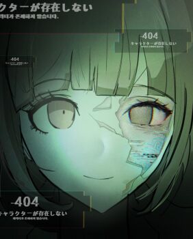 1girl brown_eyes brown_hair closed_mouth cracked_kawaii_mask danganronpa_(series) danganronpa_2:_goodbye_despair dodong-i glitch highres looking_at_viewer medium_hair nanami_chiaki no_hair_ornament portrait smile solo spoilers translation_request