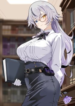 1girl arm_behind_back belt belt_pouch black_belt black_bow black_hair black_skirt blouse blue_eyes blurry blurry_background book bookshelf bow bowtie breasts buttons closed_mouth collared_shirt commentary_request cowboy_shot flower gloves goddess_of_victory:_nikke grey_hair hair_between_eyes heterochromia high-waist_skirt highres holding holding_book holding_flower indoors komaki_mk2 large_breasts library long_hair long_sleeves looking_at_viewer monocle multicolored_hair phantom_(nikke) pouch purple_flower purple_rose rose shirt sidelocks skirt smile socks solo standing streaked_hair white_gloves white_shirt white_socks yellow_eyes