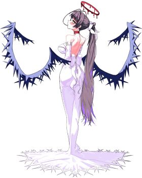 Rule 34 | 1girl, alternate costume, alternate hairstyle, antenna hair, back bow, bare back, bare shoulders, black hair, black wings, blood, blood halo, blue archive, blush, bow, breasts, choker, commentary request, dress, elbow gloves, gloves, go d e, halo, highres, large breasts, liquid halo, long dress, long hair, looking at viewer, looking back, low wings, melting halo, ponytail, red choker, red eyes, red halo, simple background, solo, taut clothes, taut dress, train (clothing), tsurugi (blue archive), white background, white bow, white dress, white gloves, wings