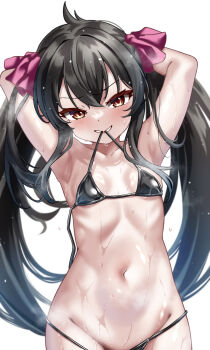 1girl absurdres armpits arms_behind_head arms_up bikini black_bikini black_hair collarbone flat_chest groin highres idolmaster idolmaster_cinderella_girls loli long_hair looking_at_viewer matoba_risa mouth_hold navel out-of-frame_censoring presenting_armpit reij_dddn ribs simple_background solo stomach string_bikini sweat swimsuit twintails undone_bikini very_long_hair white_background