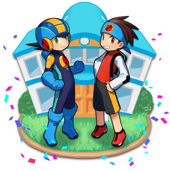 2boys artist_name backpack bag black_hair black_shorts blue_bodysuit blue_boots blue_gloves blue_headband blue_helmet bodysuit boots brothers brown_eyes brown_hair clenched_hands closed_mouth commentary_request confetti dated gloves grass green_eyes grin hands_on_own_hips happy headband helmet highres house lan_hikari_(mega_man) long_sleeves looking_at_viewer male_focus mega_man_(series) mega_man_battle_network_(series) megaman.exe multiple_boys netnavi orange_shoes orange_vest outdoors sakino_(sanodon) shirt shoes short_hair shorts siblings simple_background smile sneakers spiked_hair standing teeth twins vest white_background white_shirt