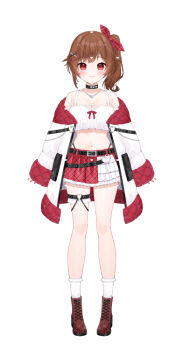 1girl belt belt_buckle black_belt black_panties boots breasts brown_boots brown_hair buckle camisole chitetan cleavage collarbone commentary_request copyright_request frilled_socks frills hair_ornament hair_ribbon hairclip heart_pendant highleg highleg_panties jacket lace-up_boots long_sleeves medium_breasts nail_polish navel off_shoulder open_clothes open_jacket panties plaid_clothes plaid_ribbon plaid_skirt pleated_skirt red_eyes red_nails red_ribbon red_skirt ribbon side_ponytail simple_background skirt sleeves_past_wrists socks solo standing underwear virtual_youtuber white_background white_camisole white_jacket white_socks x_hair_ornament