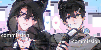 2boys akigawasou alternate_costume animal_hat animal_hood beanie belt_collar black_eyes black_hair black_jacket black_shirt cellphone_charm charm_(object) choker collar commission double-parted_bangs earrings eyebrow_piercing face_piercing grey_vest hair_between_eyes hat heart highres holding holding_phone hood hood_up jacket jewelry kim_dokja looking_at_viewer male_focus multiple_boys multiple_earrings multiple_rings omniscient_reader&#039;s_viewpoint pectorals phone piercing ring shirt short_hair smile spoken_heart sticker sticker_on_face stud_earrings vest window_(computing) yoo_joonghyuk