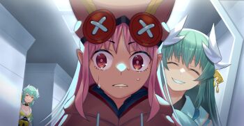 3girls absurdres around_corner beppu_mitsunaka bikini breasts buttons closed_eyes closed_mouth dragon_girl dragon_horns fate/grand_order fate_(series) green_hair grin habetrot_(fate) hat highres horns indoors kiyohime_(fate) kiyohime_(swimsuit_lancer)_(first_ascension)_(fate) long_hair multiple_girls multiple_horns pink_hair smile stalking sweat swimsuit yellow_eyes