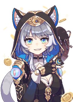 1girl animal_ear_fluff animal_ears animal_hood blue_eyes bow braid breasts cat_ears cat_girl cat_tail choker cipher_(honkai:_star_rail) cleavage coin commentary_request fingerless_gloves gloves grey_hair grin highres honkai:_star_rail honkai_(series) hood key leotard marutaruuu medium_breasts pixelated smile tail white_streaks yellow_nails