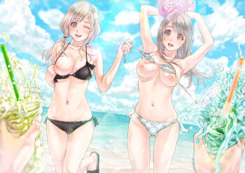 2girls ;d armpits arms_up assisted_exposure ball beach beachball bikini bikini_pull bikini_top_lift black_bikini black_footwear blue_sky blurry blush breasts breasts_out clothes_lift clothes_pull cloud day depth_of_field drink drinking_straw embarrassed fingernails flashing flip-flops frills gluteal_fold grabbing grey_eyes grey_hair groin hair_over_shoulder hair_tie halterneck highres holding ice ice_cube kinoebi large_breasts legs_apart lens_flare long_hair looking_at_viewer low_twintails multiple_girls nail_polish navel nipples ocean one_breast_out one_eye_closed open_mouth original out_of_frame outdoors pov pulling pulling_another's_clothes sandals shade shoes side-tie_bikini_bottom skindentation sky smile standing standing_on_one_leg summer surprised swept_bangs swimsuit thigh_gap thigh_strap twintails untied_bikini