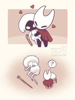 2girls ? aged_down arthropod_girl artist_name black_eyes black_skin blank_eyes character_doll cloak colored_skin doll full_body heart highres holding holding_doll hollow_knight hollow_knight:_silksong horned_mask hornet_(hollow_knight) horns hug lace_(hollow_knight) lying mask meme multiple_girls on_side oru_(0ruru_0ru95) parody pin_(hollow_knight) red_cloak scene_reference spoken_question_mark white_eyes white_mask yamcha_pose_(meme)
