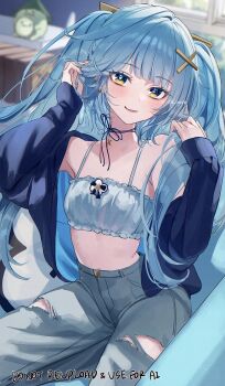 1girl absurdres alternate_costume aqua_hair armpits blurry blurry_background casual denim faruzan_(genshin_impact) genshin_impact hair_ornament hands_up highres imasaki_kei jacket long_sleeves looking_at_viewer midriff navel open_clothes open_jacket open_mouth pants parted_lips sitting smile solo symbol-shaped_pupils torn_clothes torn_pants triangle-shaped_pupils twintails x_hair_ornament