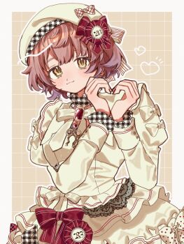 0726_mck 1girl beret blunt_bangs border bow brown_eyes brown_hair dress eyelashes fluffy_hair frilled_cuffs frilled_dress frills grid_background hat heart heart_hands highres idolmaster idolmaster_shiny_colors ikuta_haruki juliet_sleeves light_blush light_smile long_sleeves looking_at_viewer messy_hair outline outside_border parted_bangs puffy_sleeves short_hair sleeve_cuffs solo unmoving_pattern upper_body wavy_eyes white_border white_outline yellow_dress