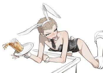 2boys animal_ears bare_shoulders bent_over_furniture blonde_hair blush bulge buzz_cut casssstle12 collarbone cup danganronpa_(series) danganronpa_2:_goodbye_despair grabbing_another&#039;s_leg highres holding holding_cup holding_plate kuzuryu_fuyuhiko leg_grab looking_at_viewer male_focus male_playboy_bunny multiple_boys necktie plate playboy_bunny rabbit_ears rabbit_tail short_hair short_necktie single_tear spilling sweat tail very_short_hair wrist_cuffs yaoi yellow_eyes