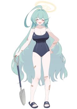 1girl abydos_high_school_swimsuit ahoge aqua_hair bandaid bandaid_on_leg black_one-piece_swimsuit blue_archive cu_cu_cu halo highres huge_ahoge one-piece_swimsuit school_swimsuit simple_background solo swimsuit too_many_bandaids white_background yellow_halo yume_(blue_archive)