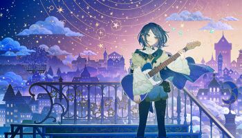 Rule 34 | 1girl, aogu yozora ni hoshi wa magirete (project sekai), black hair, black pantyhose, blue cape, blue clouds, blue dress, bow, buttons, cancer (symbol), cape, center frills, closed mouth, cloud, colorful palette, crescent, dot nose, double-breasted, dress, ear piercing, electric guitar, feet out of frame, fence, floating hair, four-pointed star, frills, game cg, gemini (symbol), gold trim, gradient clothes, gradient dress, green bow, green dress, grey eyes, guitar, highres, holding, holding guitar, holding instrument, hoshino ichika (project sekai), instrument, lace print, layered sleeves, light blush, long sleeves, looking to the side, multicolored sky, off-shoulder dress, off shoulder, official alternate costume, official alternate hair length, official alternate hairstyle, official art, outdoors, pantyhose, parted bangs, piercing, pink sky, project sekai, purple sky, purple theme, shirt, short dress, sky, sleeveless, sleeveless shirt, smile, solo, sparkle, stairs, standing, star (sky), star (symbol), third-party source, town, tree, virgo (symbol), white shirt, yellow sky