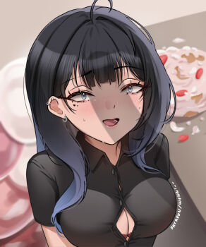 1girl ahoge black_hair black_shirt bra bra_peek breasts button_gap buttons cake cleavage collared_shirt earrings facial_mark food fruit gradient_hair grey_eyes grey_hair heart heart_facial_mark jewelry lips long_hair mole mole_under_eye multicolored_hair open_mouth original patreon_username penis_shadow red_bra shirt solo strawberry sweat underwear upper_body wonnikon