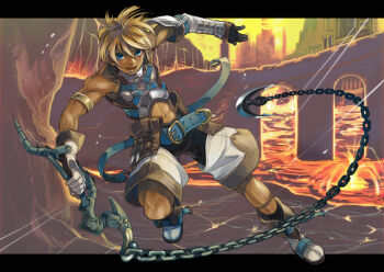 Rule 34 | abs, armlet, belt, black shorts, blonde hair, blue belt, blue eyes, boots, bridge, chain, chaps, clothing cutout, crotchless shorts, dark skin, gloves, jewelry, kusarigama, lava, muscular, muscular male, navel, pixiv fantasia, pixiv fantasia 2, piyo, short hair, shorts, sickle, solo, stomach cutout, thigh boots, toned, toned male, weapon, white gloves, white shorts