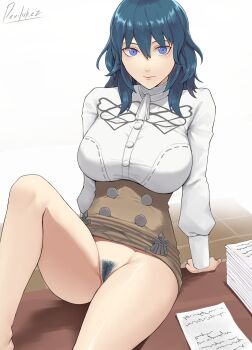 1girl :| absurdres artist_name ascot blue_eyes blue_hair breasts closed_mouth clothes_pull commentary commission devilukez english_commentary expressionless female_byleth_(fire_emblem) female_pubic_hair fire_emblem fire_emblem:_three_houses garreg_mach_monastery_uniform hair_between_eyes high-waist_skirt highres huge_breasts leaning_back long_sleeves looking_at_viewer medium_hair nintendo no_panties official_alternate_costume on_table pubic_hair second-party_source simple_background skirt skirt_pull skirt_rolled_up solo sweat table thighs tight_clothes upskirt white_ascot white_background