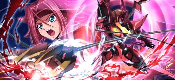 1girl battle blue_eyes bodysuit code_geass code_geass:_lost_stories f4samurai guren_(code_geass) guren_s.e.i.t.e.n._eight_elements highres knightmare_frame kouzuki_kallen mecha official_alternate_costume official_art open_hand open_mouth red_bodysuit red_hair robot short_hair solo teeth