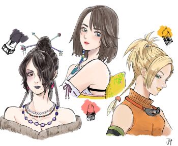 3girls artist_name bare_shoulders bead_necklace beads black_hair black_lips blonde_hair blue_eyes braid breasts brown_hair cleavage closed_mouth commentary_request cosmetics cropped_torso detached_sleeves dress earrings feather_hair_ornament feathers final_fantasy final_fantasy_x fur-trimmed_dress fur_trim goggles goggles_around_neck green_eyes hair_beads hair_ornament hair_over_one_eye hairclip heterochromia highres japanese_clothes jas_(jasjasjasart) jewelry large_breasts lipstick_tube long_hair lulu_(ff10) medium_breasts medium_hair mole mole_under_mouth multiple_braids multiple_earrings multiple_girls multiple_necklaces necklace obi off-shoulder_dress off_shoulder orange_lips orange_shirt parted_bangs parted_lips pink_lips ponytail red_eyes rikku_(ff10) sash shirt short_ponytail smile updo upper_body white_background white_sleeves wristband yuna_(ff10)