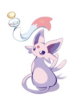 absurdres animal_focus chimecho closed_mouth colored_sclera commentary espeon forehead_jewel forked_tail gem gen_2_pokemon gen_3_pokemon highres komanychi looking_at_viewer nintendo no_humans pokemon pokemon_(creature) pokemon_focus purple_fur purple_sclera red_gemstone simple_background smile tail white_background yellow_eyes