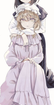 2girls arms_around_neck black_capelet black_skirt blonde_hair brown_hair capelet closed_mouth dress dress_ribbon eyes_out_of_frame hair_between_eyes hands_on_own_knees hat head_out_of_frame highres long_dress long_skirt long_sleeves looking_at_viewer maribel_hearn mob_cap multicolored_eyes multiple_girls poteimo_(poteimo622) purple_dress purple_eyes purple_ribbon ribbon shirt simple_background sitting skirt sleeve_cuffs smile standing touhou two-tone_eyes usami_renko white_background white_hat white_shirt yellow_eyes