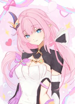 Rule 34 | 1girl, absurdres, balloon, black shrug, breasts, chinese commentary, cleavage, commentary request, corset, elf, elysia (honkai impact), elysia (miss pink elf) (honkai impact), hair ornament, heart, highres, honkai (series), honkai impact 3rd, large breasts, long hair, looking at viewer, pink hair, pointy ears, shrug (clothing), smile, solo, very long hair, white corset, xingyun xing