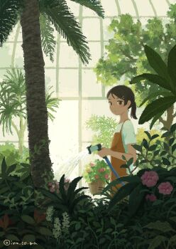 Rule 34 | 1girl, absurdres, apron, brown apron, coma (ina co ma), fern, flower, greenhouse, hair ornament, hairclip, highres, hose, nature, no lineart, original, palm tree, parallel hairclips, pink flower, plant, ponytail, potted plant, shirt, short sleeves, solo, tree, twitter username, vines, watering, white shirt