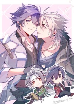 Rule 34 | 2boys, ahoge, azitsukeniku, black gloves, black hair, boots, closed mouth, coat, commentary request, crow armbrust, ear piercing, eiyuu densetsu, front zipper, gloves, headband, highres, jacket, jewelry, male focus, mullet, multiple boys, open clothes, open coat, parted lips, pendant, piercing, purple eyes, rean schwarzer, red eyes, school uniform, sen no kiseki, sen no kiseki (series), sen no kiseki i, sen no kiseki iv, short hair, smile, thors military academy class vii uniform, thors military academy school uniform, twitter username, white hair, white headband, yaoi