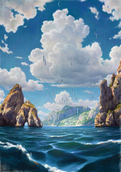 Rule 34 | blue sky, boulder, cloud, commentary, english commentary, floating rock, grass, highres, island, landscape, lorenzo lanfranconi, mountain, no humans, ocean, original, outdoors, painterly, scenery, signature, sky, water, waves