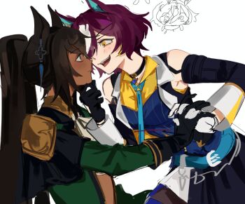 2girls animal_ears ascot asymmetrical_gloves bare_shoulders belt belt_buckle belt_collar black_belt black_gloves black_jacket black_skirt black_sleeves blue_belt blue_eyes blue_necktie blue_vest blush brown_hair brown_shirt buckle closed_mouth clothing_cutout collar collared_jacket collared_shirt colored_lapels cowboy_shot dark-skinned_female dark_skin detached_sleeves ear_ornament epaulettes expressionless eye_contact eyelashes eyepatch gloves gold_buttons grabbing_another&#039;s_chin green_jacket hair_over_one_eye hand_on_another&#039;s_chin happy holding_hands horse_ears horse_girl interlocked_fingers interracial jacket lapels leaning_forward light_blush long_hair long_sleeves looking_at_another loose_hair_strand mismatched_gloves multicolored_hair multiple_girls necktie notched_lapels open_clothes open_jacket open_mouth pinstripe_pattern pinstripe_vest pointy_nose ponytail purple_hair shirt short_hair shoulder_cutout sijia_(jd5vlp) simple_background skirt sleeve_cuffs sleeveless sleeveless_jacket smile streaked_hair symboli_kris_s_(onyx_soldier)_(umamusume) symboli_kris_s_(umamusume) tanino_gimlet_(embodiment_of_keravnos)_(umamusume) tanino_gimlet_(umamusume) teeth umamusume upper_teeth_only very_long_hair vest white_ascot white_background white_gloves yellow_eyes yellow_shirt yuri