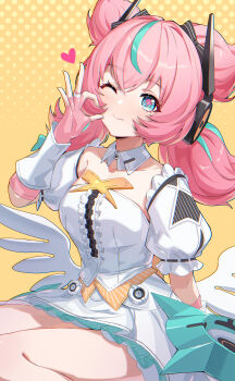 1girl absurdres aqua_hair aqua_streaks aria_(zenless_zone_zero) blue_eyes blush center_frills closed_mouth collarbone commentary_request cowboy_shot crossed_bangs detached_collar detached_sleeves dotted_background dress fingerless_gloves frilled_sleeves frills gloves hair_between_eyes half-heart_hands hand_up highres kumo33 layered_dress multicolored_hair one_eye_closed pink_gloves pink_hair sitting smile solo sparkling_eyes streaked_hair white_dress white_wings wings yellow_background zenless_zone_zero