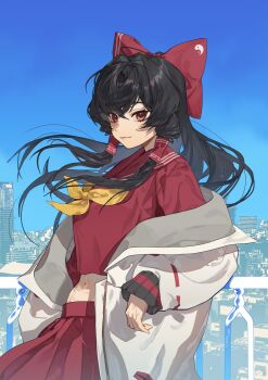 1girl absurdres against_railing alternate_costume black_hair blue_sky bow building closed_mouth commentary contemporary day hair_bow hair_tubes hakurei_reimu highres jacket long_hair long_sleeves looking_at_viewer navel neckerchief open_clothes open_jacket pleated_skirt railing red_bow red_eyes red_shirt red_skirt school_uniform shimiya_jin shirt skirt sky smile solo touhou white_jacket yellow_neckerchief