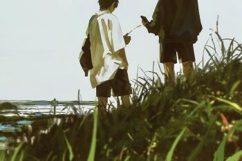 0k_sic 2boys backpack bag black_shirt black_shorts grass highres holding holding_phone male_focus multiple_boys ocean original outdoors phone shirt shorts sign sky white_shirt