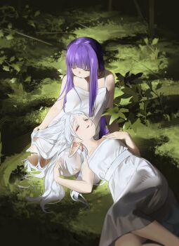 Rule 34 | 2girls, bare arms, blunt bangs, breasts, closed mouth, dress, earrings, elf, fern (sousou no frieren), forest, frieren, grey hair, hand in another's hair, hand on own chest, hashtag-only commentary, highres, hime cut, jewelry, lap pillow, leaf, light smile, long dress, long hair, medium breasts, multiple girls, nature, o0hiruko0o, outdoors, parted bangs, parted lips, pointy ears, purple hair, sleeveless, sleeveless dress, sousou no frieren, straight hair, thick eyebrows, white dress